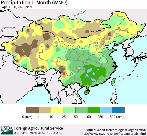 China, Mongolia and Taiwan Precipitation 1-Month (WMO) Thematic Map For 4/1/2021 - 4/30/2021