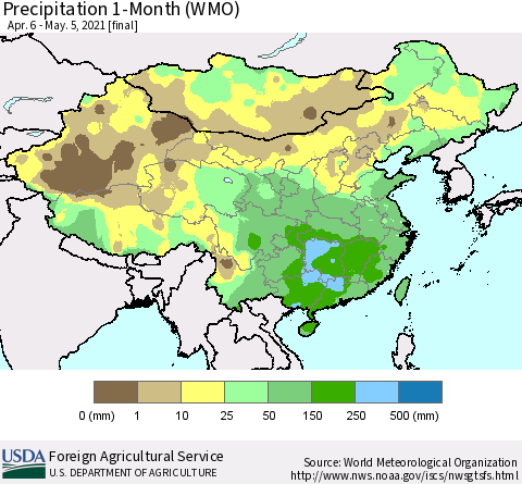 China, Mongolia and Taiwan Precipitation 1-Month (WMO) Thematic Map For 4/6/2021 - 5/5/2021