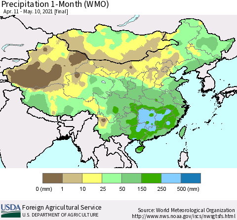 China, Mongolia and Taiwan Precipitation 1-Month (WMO) Thematic Map For 4/11/2021 - 5/10/2021