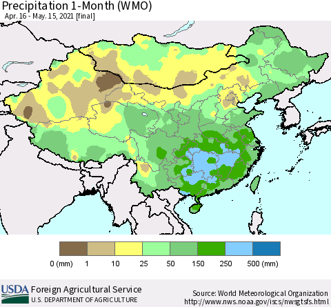 China, Mongolia and Taiwan Precipitation 1-Month (WMO) Thematic Map For 4/16/2021 - 5/15/2021