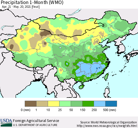 China, Mongolia and Taiwan Precipitation 1-Month (WMO) Thematic Map For 4/21/2021 - 5/20/2021