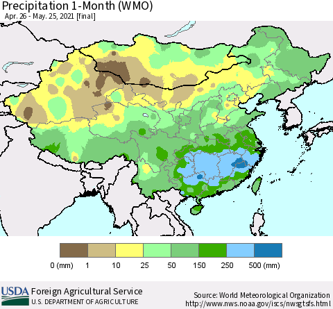 China, Mongolia and Taiwan Precipitation 1-Month (WMO) Thematic Map For 4/26/2021 - 5/25/2021