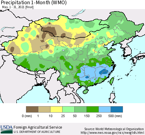 China, Mongolia and Taiwan Precipitation 1-Month (WMO) Thematic Map For 5/1/2021 - 5/31/2021