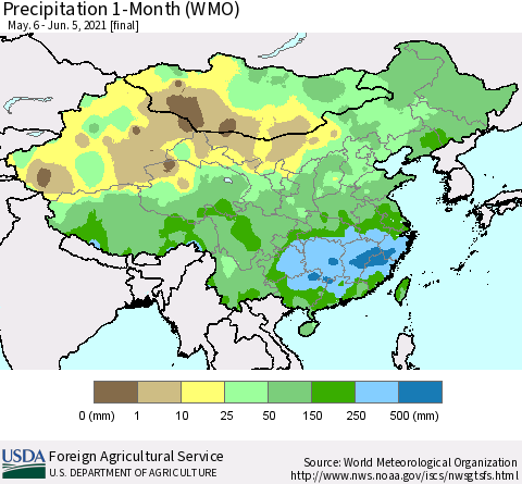 China, Mongolia and Taiwan Precipitation 1-Month (WMO) Thematic Map For 5/6/2021 - 6/5/2021