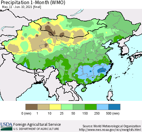 China, Mongolia and Taiwan Precipitation 1-Month (WMO) Thematic Map For 5/11/2021 - 6/10/2021