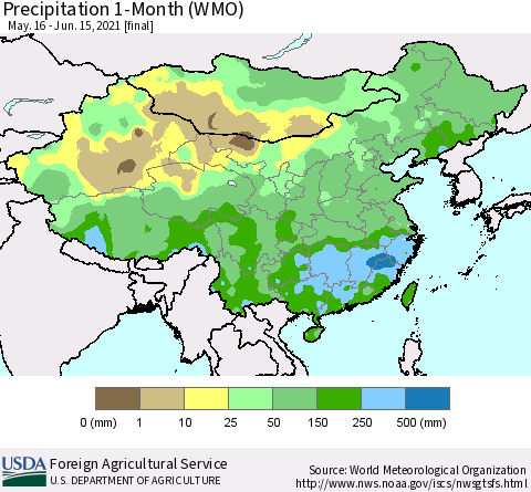 China, Mongolia and Taiwan Precipitation 1-Month (WMO) Thematic Map For 5/16/2021 - 6/15/2021
