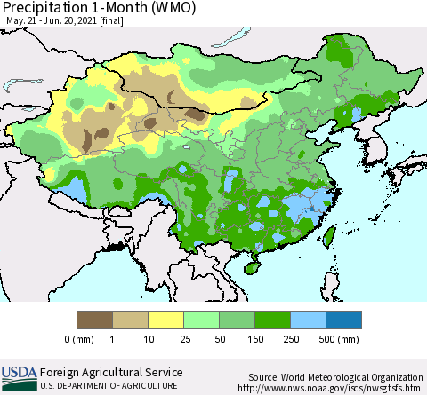 China, Mongolia and Taiwan Precipitation 1-Month (WMO) Thematic Map For 5/21/2021 - 6/20/2021