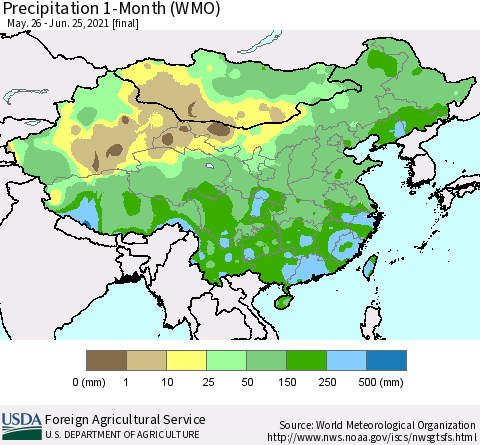 China, Mongolia and Taiwan Precipitation 1-Month (WMO) Thematic Map For 5/26/2021 - 6/25/2021