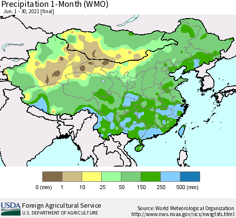 China, Mongolia and Taiwan Precipitation 1-Month (WMO) Thematic Map For 6/1/2021 - 6/30/2021
