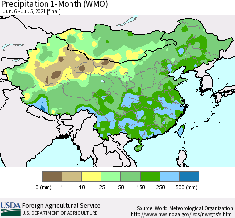 China, Mongolia and Taiwan Precipitation 1-Month (WMO) Thematic Map For 6/6/2021 - 7/5/2021