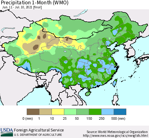 China, Mongolia and Taiwan Precipitation 1-Month (WMO) Thematic Map For 6/11/2021 - 7/10/2021