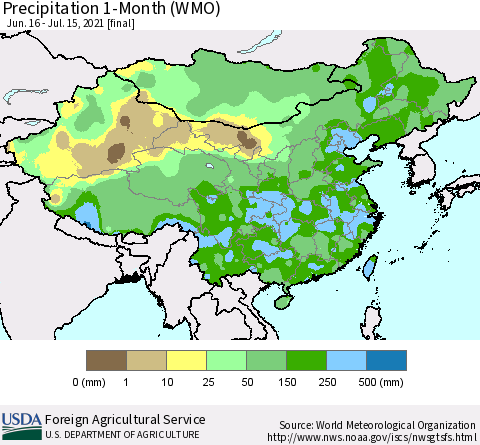 China, Mongolia and Taiwan Precipitation 1-Month (WMO) Thematic Map For 6/16/2021 - 7/15/2021