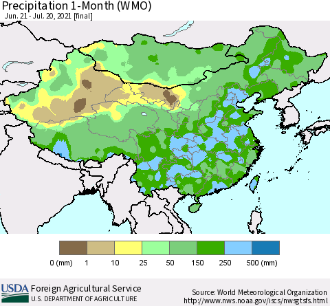 China, Mongolia and Taiwan Precipitation 1-Month (WMO) Thematic Map For 6/21/2021 - 7/20/2021