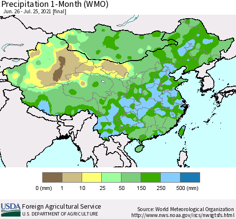 China, Mongolia and Taiwan Precipitation 1-Month (WMO) Thematic Map For 6/26/2021 - 7/25/2021