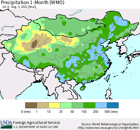 China, Mongolia and Taiwan Precipitation 1-Month (WMO) Thematic Map For 7/6/2021 - 8/5/2021