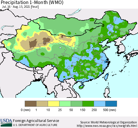 China, Mongolia and Taiwan Precipitation 1-Month (WMO) Thematic Map For 7/16/2021 - 8/15/2021