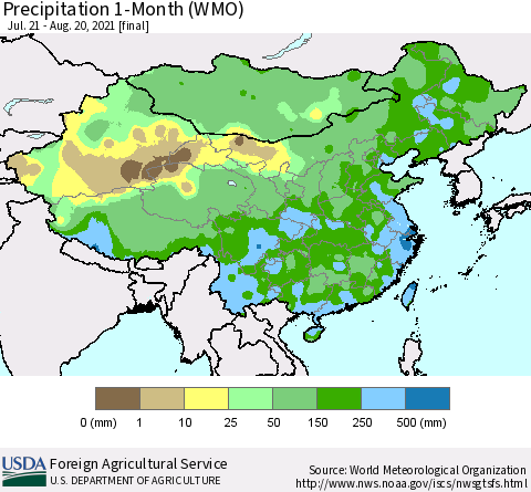China, Mongolia and Taiwan Precipitation 1-Month (WMO) Thematic Map For 7/21/2021 - 8/20/2021