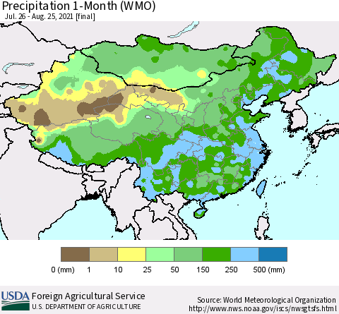 China, Mongolia and Taiwan Precipitation 1-Month (WMO) Thematic Map For 7/26/2021 - 8/25/2021