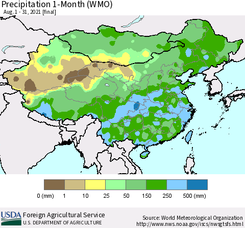 China, Mongolia and Taiwan Precipitation 1-Month (WMO) Thematic Map For 8/1/2021 - 8/31/2021