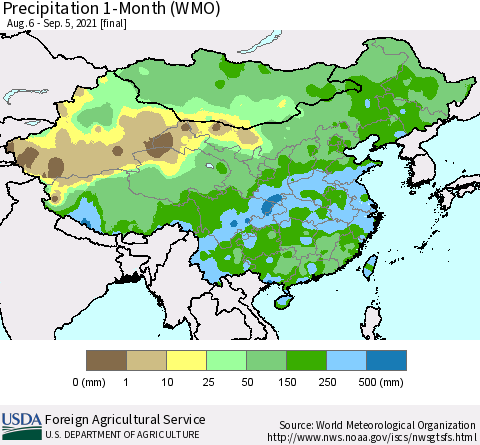 China, Mongolia and Taiwan Precipitation 1-Month (WMO) Thematic Map For 8/6/2021 - 9/5/2021