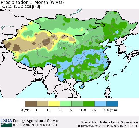 China, Mongolia and Taiwan Precipitation 1-Month (WMO) Thematic Map For 8/11/2021 - 9/10/2021
