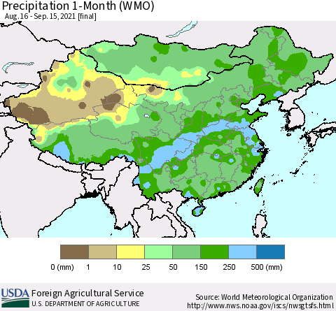 China, Mongolia and Taiwan Precipitation 1-Month (WMO) Thematic Map For 8/16/2021 - 9/15/2021