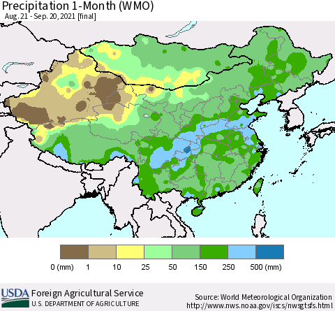 China, Mongolia and Taiwan Precipitation 1-Month (WMO) Thematic Map For 8/21/2021 - 9/20/2021