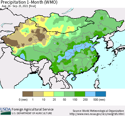 China, Mongolia and Taiwan Precipitation 1-Month (WMO) Thematic Map For 8/26/2021 - 9/25/2021