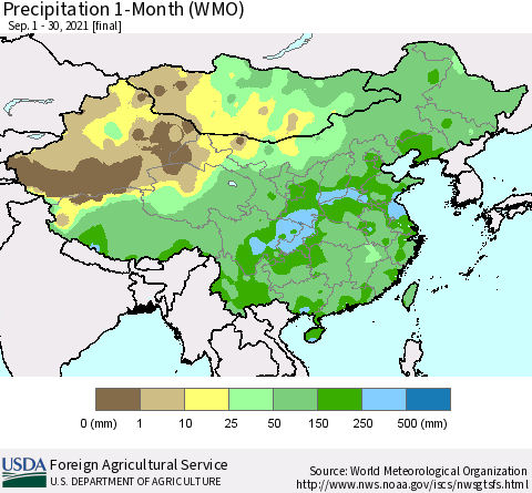 China, Mongolia and Taiwan Precipitation 1-Month (WMO) Thematic Map For 9/1/2021 - 9/30/2021