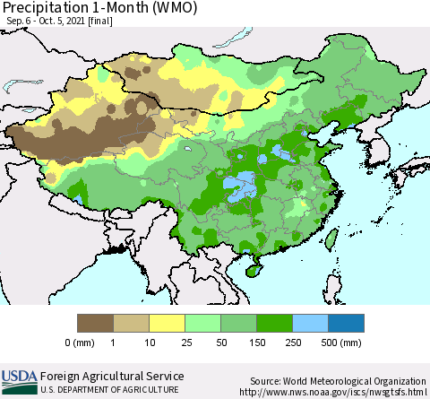 China, Mongolia and Taiwan Precipitation 1-Month (WMO) Thematic Map For 9/6/2021 - 10/5/2021