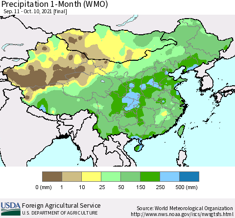 China, Mongolia and Taiwan Precipitation 1-Month (WMO) Thematic Map For 9/11/2021 - 10/10/2021