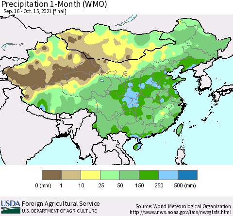 China, Mongolia and Taiwan Precipitation 1-Month (WMO) Thematic Map For 9/16/2021 - 10/15/2021
