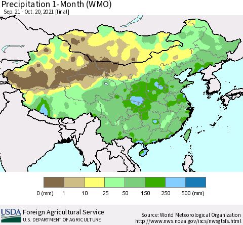 China, Mongolia and Taiwan Precipitation 1-Month (WMO) Thematic Map For 9/21/2021 - 10/20/2021