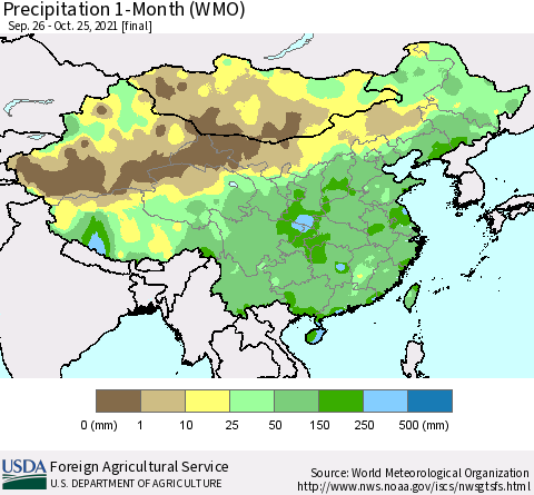 China, Mongolia and Taiwan Precipitation 1-Month (WMO) Thematic Map For 9/26/2021 - 10/25/2021