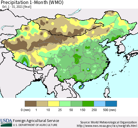 China, Mongolia and Taiwan Precipitation 1-Month (WMO) Thematic Map For 10/1/2021 - 10/31/2021