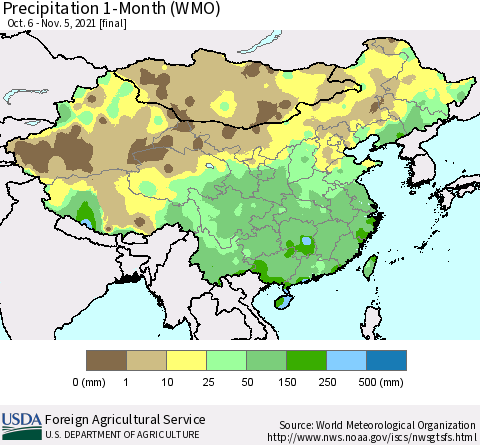 China, Mongolia and Taiwan Precipitation 1-Month (WMO) Thematic Map For 10/6/2021 - 11/5/2021