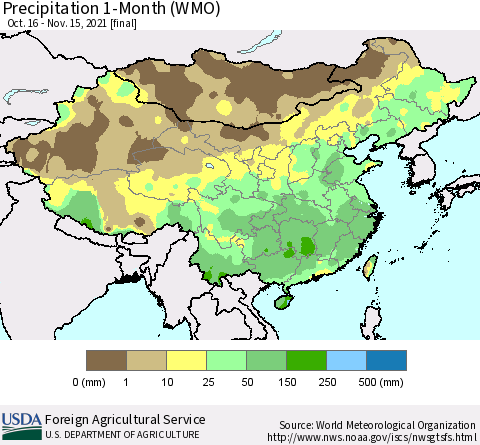 China, Mongolia and Taiwan Precipitation 1-Month (WMO) Thematic Map For 10/16/2021 - 11/15/2021