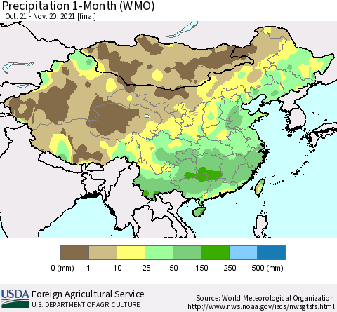 China, Mongolia and Taiwan Precipitation 1-Month (WMO) Thematic Map For 10/21/2021 - 11/20/2021