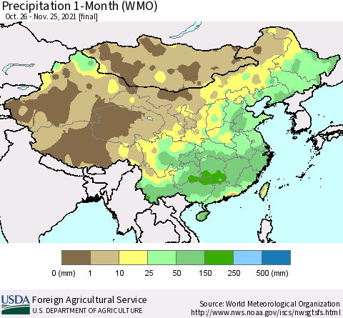 China, Mongolia and Taiwan Precipitation 1-Month (WMO) Thematic Map For 10/26/2021 - 11/25/2021