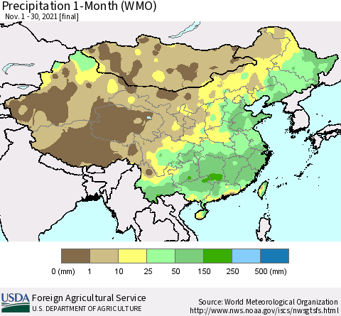 China, Mongolia and Taiwan Precipitation 1-Month (WMO) Thematic Map For 11/1/2021 - 11/30/2021