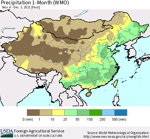 China, Mongolia and Taiwan Precipitation 1-Month (WMO) Thematic Map For 11/6/2021 - 12/5/2021