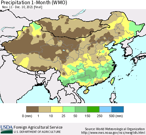 China, Mongolia and Taiwan Precipitation 1-Month (WMO) Thematic Map For 11/11/2021 - 12/10/2021