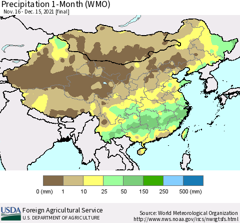 China, Mongolia and Taiwan Precipitation 1-Month (WMO) Thematic Map For 11/16/2021 - 12/15/2021