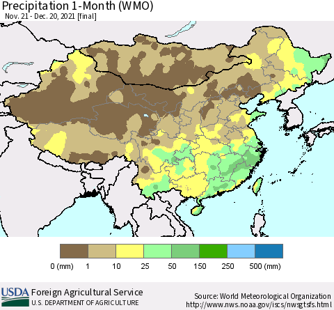 China, Mongolia and Taiwan Precipitation 1-Month (WMO) Thematic Map For 11/21/2021 - 12/20/2021