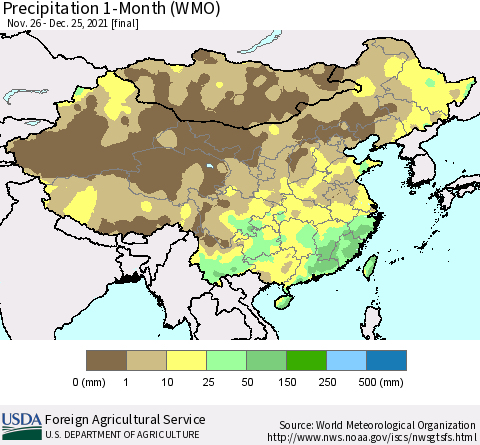 China, Mongolia and Taiwan Precipitation 1-Month (WMO) Thematic Map For 11/26/2021 - 12/25/2021