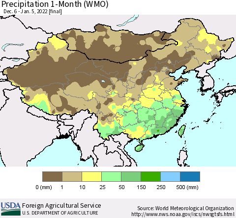 China, Mongolia and Taiwan Precipitation 1-Month (WMO) Thematic Map For 12/6/2021 - 1/5/2022