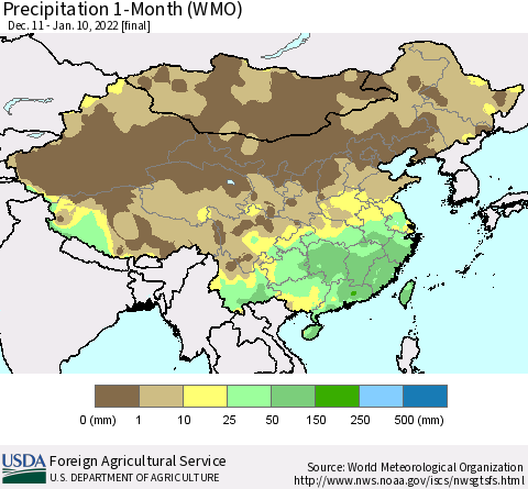 China, Mongolia and Taiwan Precipitation 1-Month (WMO) Thematic Map For 12/11/2021 - 1/10/2022