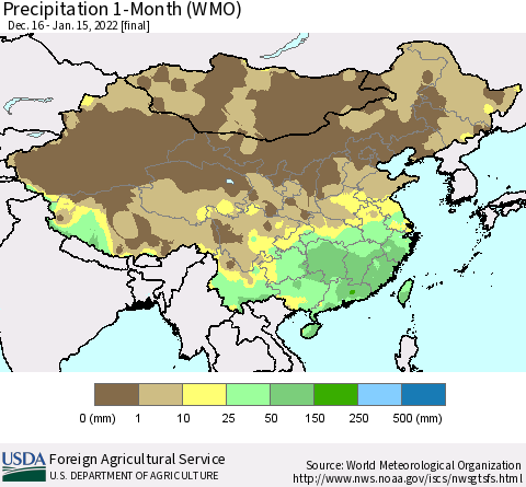 China, Mongolia and Taiwan Precipitation 1-Month (WMO) Thematic Map For 12/16/2021 - 1/15/2022