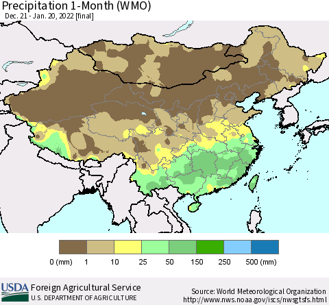 China, Mongolia and Taiwan Precipitation 1-Month (WMO) Thematic Map For 12/21/2021 - 1/20/2022