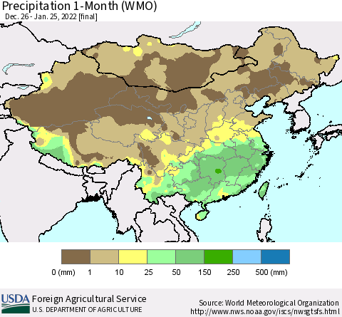 China, Mongolia and Taiwan Precipitation 1-Month (WMO) Thematic Map For 12/26/2021 - 1/25/2022